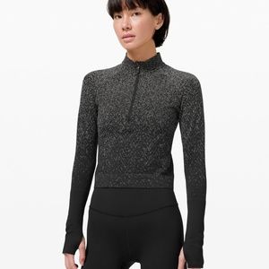 Women's Lululemon Rest Less Cropped Top Half-Zip Herringbone Fade Black Size 10